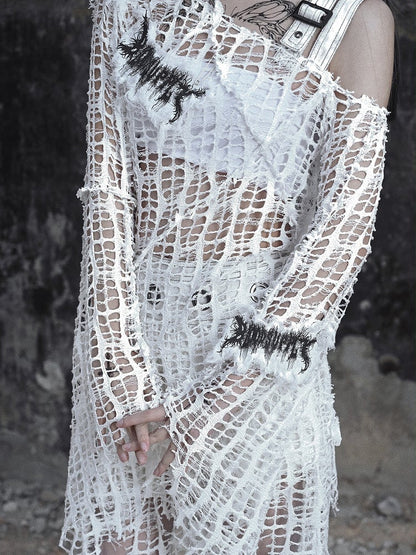 White Bell Sleeves Irregular Distressed Hallow Out Top