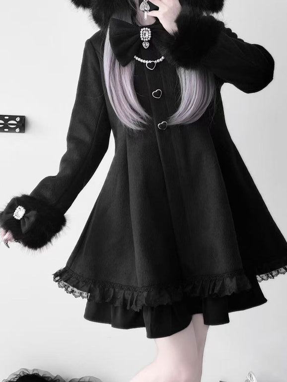 Jirai Kei Black A-Line Coat with Detachable Bunny Hood | Plush Ears & Cuffs | Wool Blend