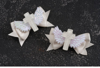 White Gothic Cross Wing Bow Hairclips