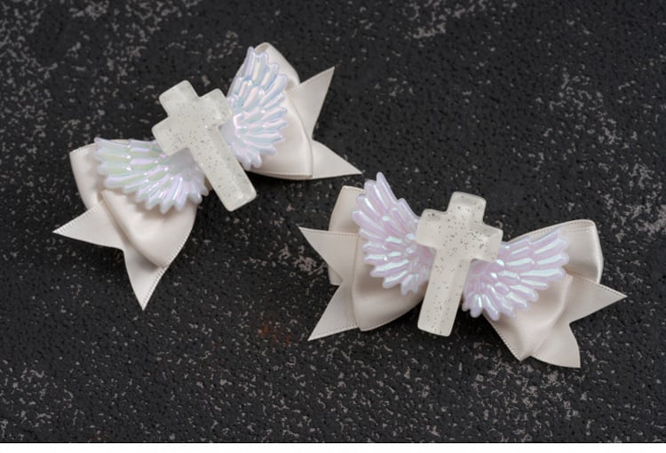White Gothic Cross Wing Bow Hairclips