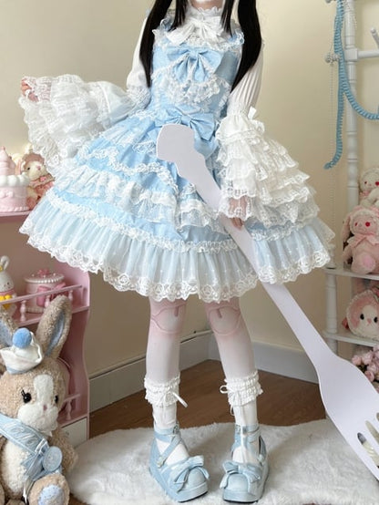 White Lace Trims Blue Bows Decorated Hanayome Dress Lolita Jumper Skirt