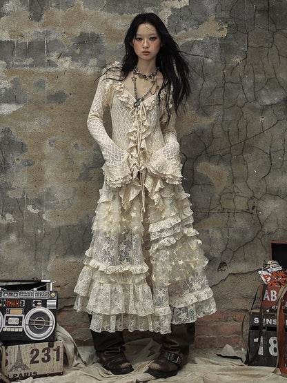 Apricot Vintage High Waist Romantic Stars Pattern Lace Skirt