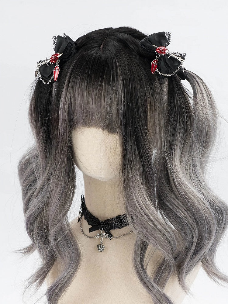 5 Colors Coffin Charm Gothic Cross Jirai Kei Bowknot Hairclips with Chain