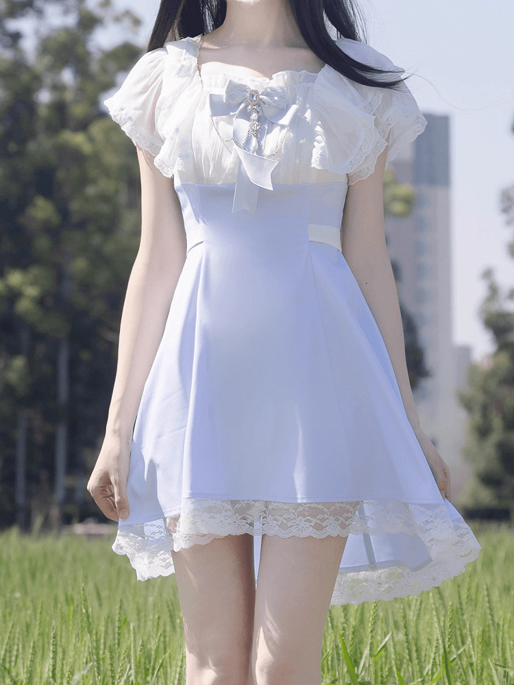 Jirai Kei Light Blue High Waist Lace Trim Dress with Chains Decorated Bowtie