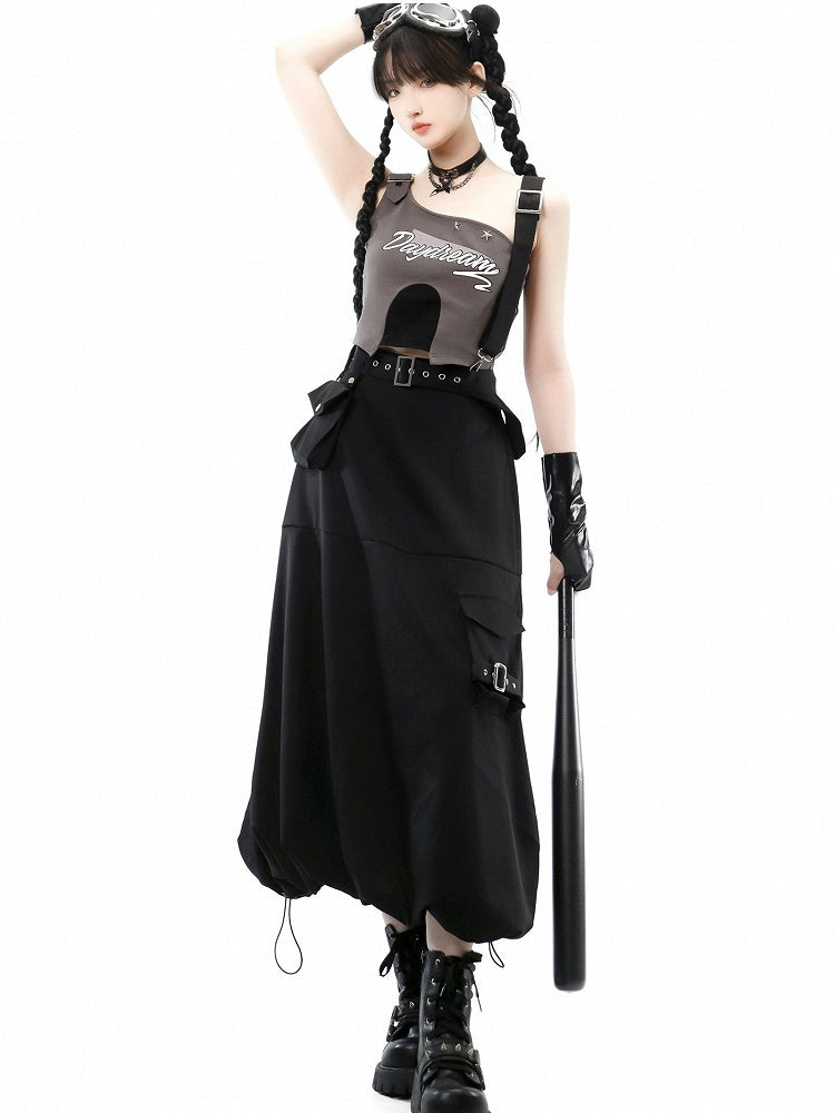 Black and Gray One Shoulder Cargo Top