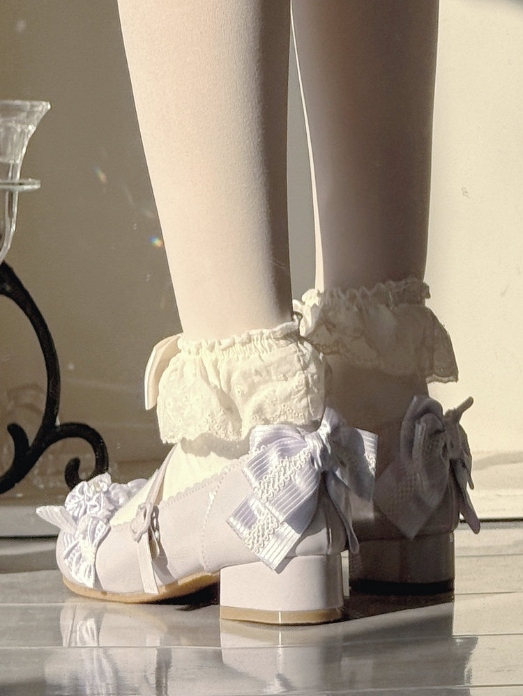 PU Purple Sweet Lolita Mary Janes - Sakura Accents with Floral Buckle & Ruffle Trim