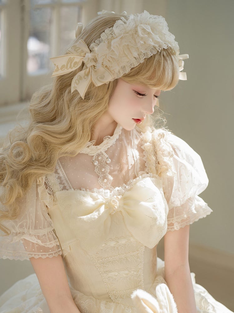 Creamy Bowknots Ruffle Hairband