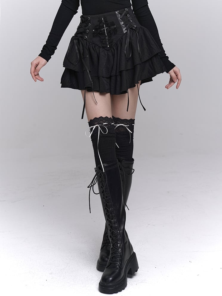 Black Lace-up Waist Studded Lace Cross Tiered Skirt
