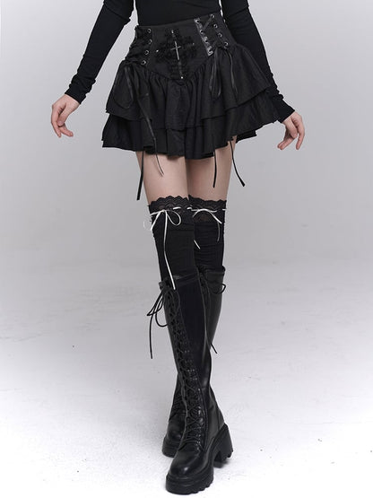 Black Lace-up Waist Studded Lace Cross Tiered Skirt