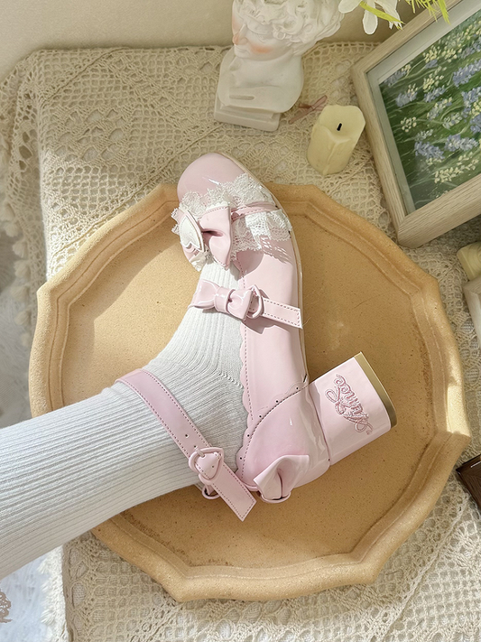 Pink Bow Accents Lace Trim Sweet Lolita Block Heel Mary Janes