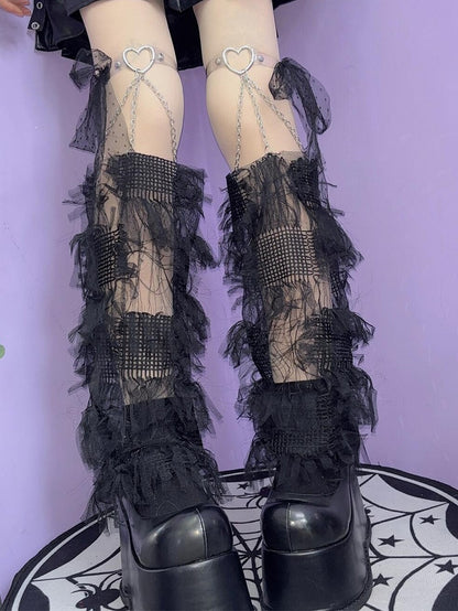 White/Black Y2K Tassels Leg Sleeves With Self-tie Strap Decorated Heart Garters