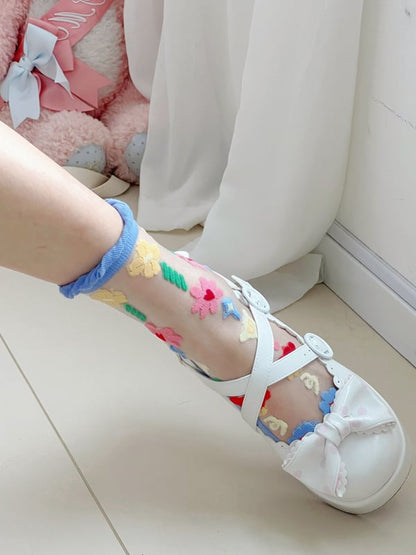 Pink/Blue/Beige Floral Pattern Semi-sheer Calf Socks