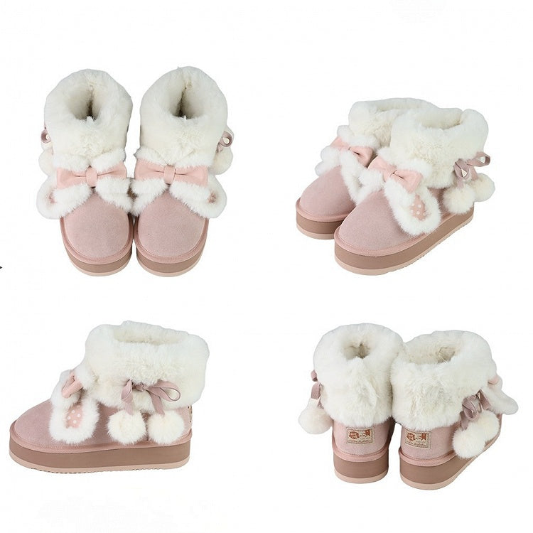 Pink Sweet Lolita Winter Platform Boots - Plush Polka Dot Rabbit Ears, Cozy Lining & Self-Tie Pompom Straps