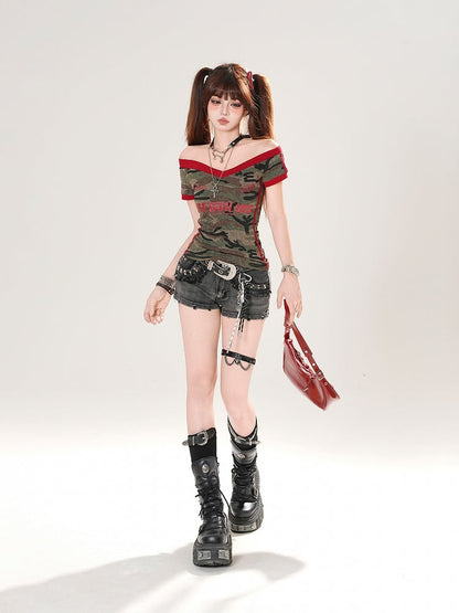 Navy Blue/Army Green Off-the-shoulder Neckline Letter Print T-shirt