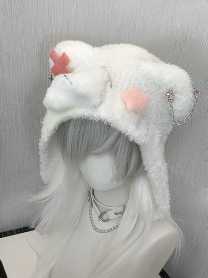 Blue/Pink Cross and Pin Accents Bear Ear Plush Hat with Bone and Star Plushie
