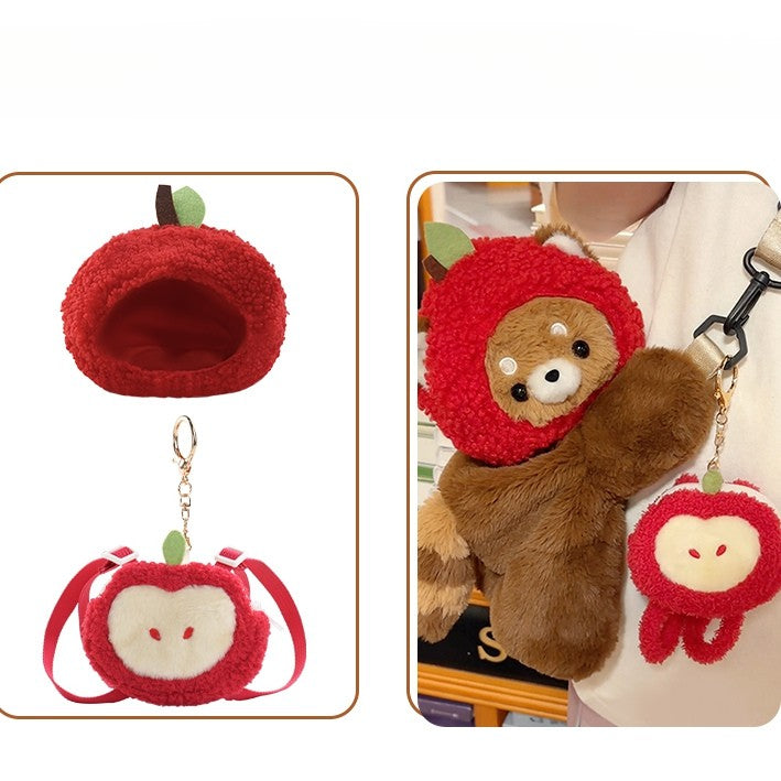 Brown Red Panda Plush Backpack/Crossbody Bag + Red Apple Hat+Keychain