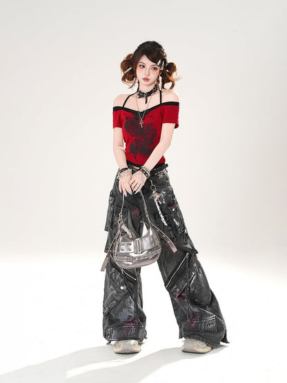 Off-the-shoulder Neckline Butterfly Applique Red/White/Gray Halter Neck T-shirt