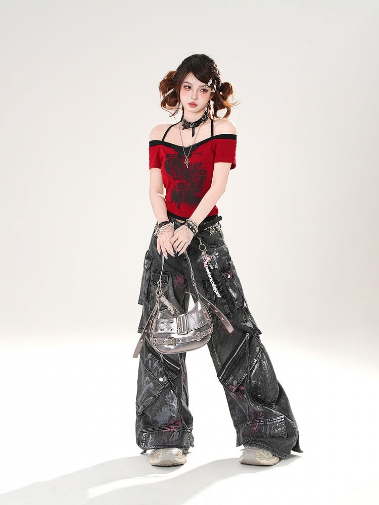 Spray Paint Print Black Low Rise Zipper Details Distressed Wide-leg Jeans