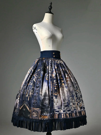 Dark Blue Corset Belt Waist Chess Theme Print Lolita Skirt
