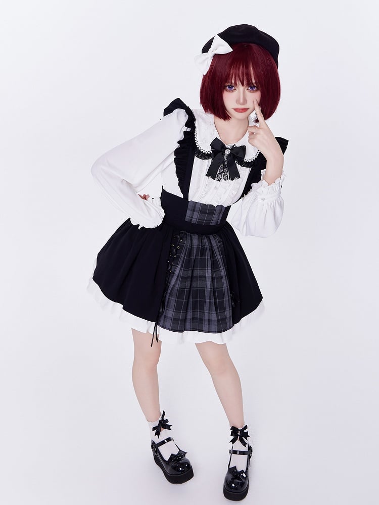 Black and Gray Plaid Jirai Kei Skirt with Removable Straps