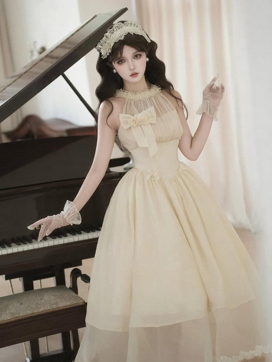Elegant Beige Boned Basque Waist Illusion Halter Neck Dress + Detachable Flower Bow + Hairband