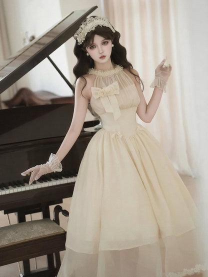 Boned Basque Waist Beige Elegant Lolita Illusion Halter Neck Dress