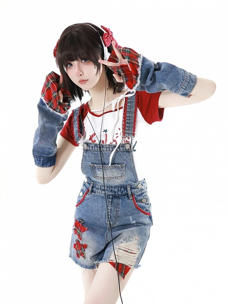 Red & White Colorblock Asymmetrical Neckline Graphic T-Shirt