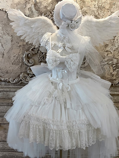 Beads and Rhinestones Neckline Design White Shiro Lolita Dress with Lace Trim and Bow Accents