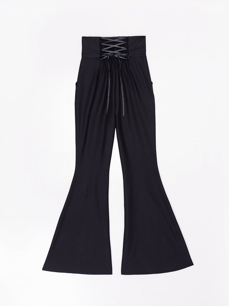Black Corset Belt High Waist Lace Patched Flared Pants