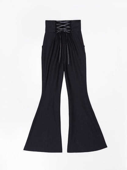 Black Corset Belt High Waist Lace Patched Flared Pants