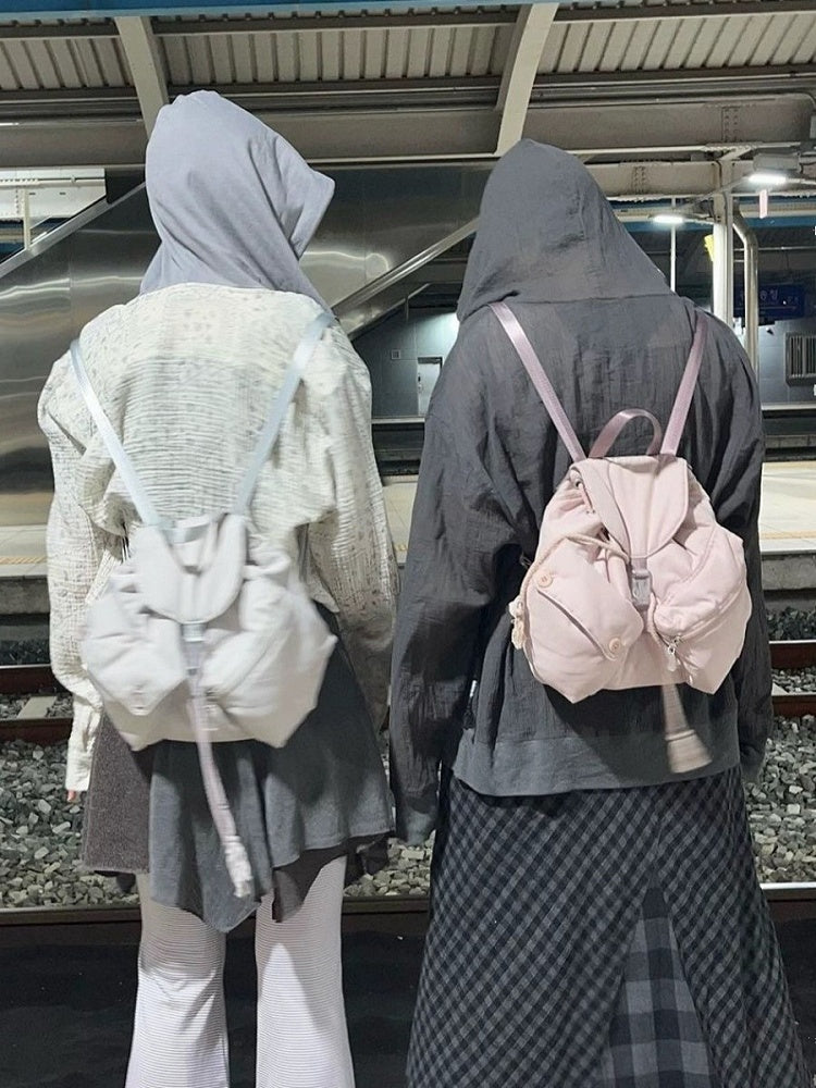 Chic Grey Drawstring Backpack With Flap Closure