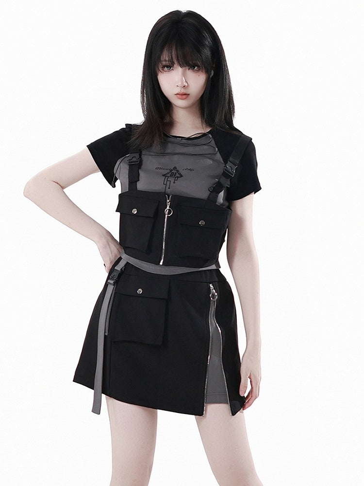 Black and Gray Colorblock Design Lace-up Front Techwear T-shirt