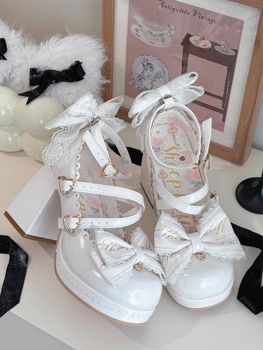 White Crisscross Design Heart Buckles Detachable Bow at Top High Block Heels