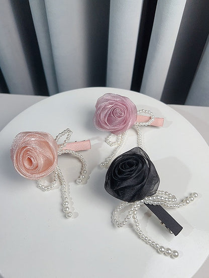 Black/Pink/Purple Beaded Bowknot Decorated Rosette Design Hairclip