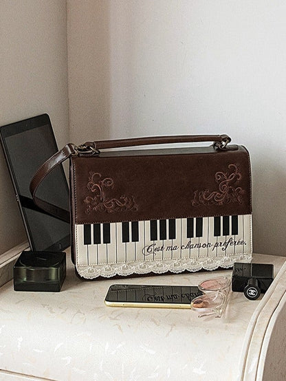 Elegant Midium-Sized Brown Piano-Themed Crossbody & Backpack Briefcase With Embroidered Floral Accents