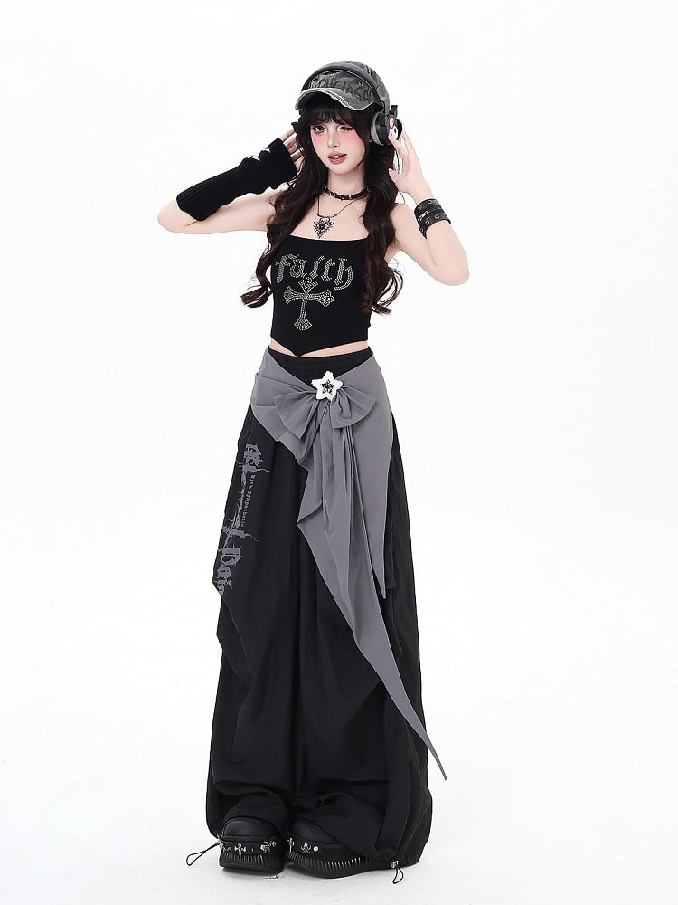 Black / Pink Low Waist Loose Fit Cargo Pants with Detachable Waist Accessory