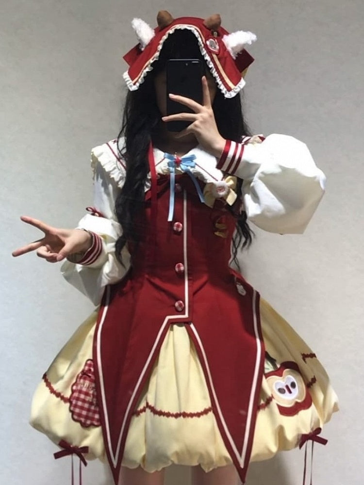 Red & White Ruffled Trim Lolita Triangular Headscarf with Sheep Ear Details