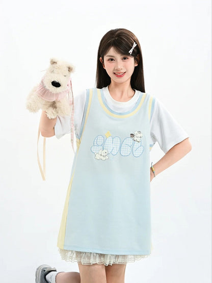 Cute Puppy Embroidery Apricot/Blue Colorblock Design Loose T-shirt Faux Two-pieces