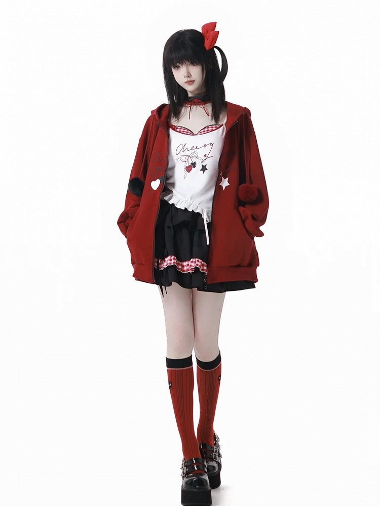 Red Zip-up Hoodie with Plush Pom-Pom Drawstrings