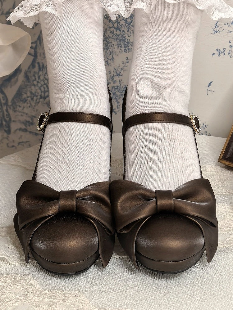 Brown PU Leather High-heel Shoes in Elegant Lolita with Rhinestone Heart Accent & Bow at Top