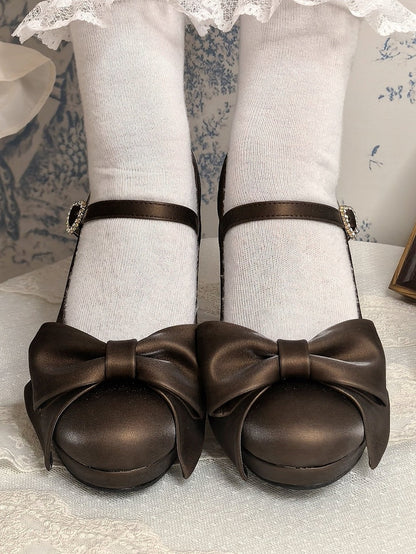 Brown PU Leather High-heel Shoes in Elegant Lolita with Rhinestone Heart Accent & Bow at Top