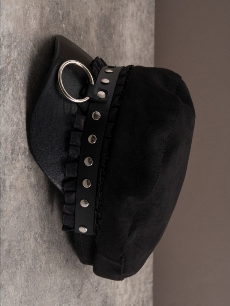 Black Gothic Studs Details Ruffled Trim Beret Hat
