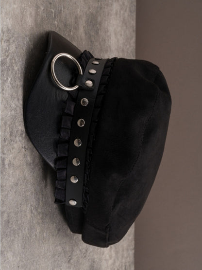 Black Gothic Studs Details Ruffled Trim Beret Hat