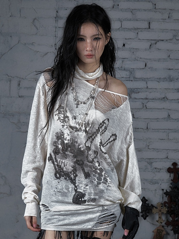 Beige/Khaki Wasteland Punk Distressed Holes Asymmetrical Neckline Sun Protection Top