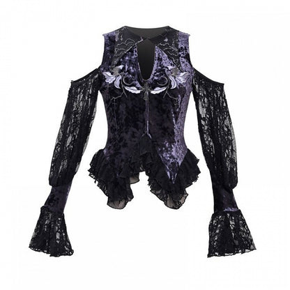 Gothic Velvet Embroidered Open Shoulder Top Double Layered Lace Hem