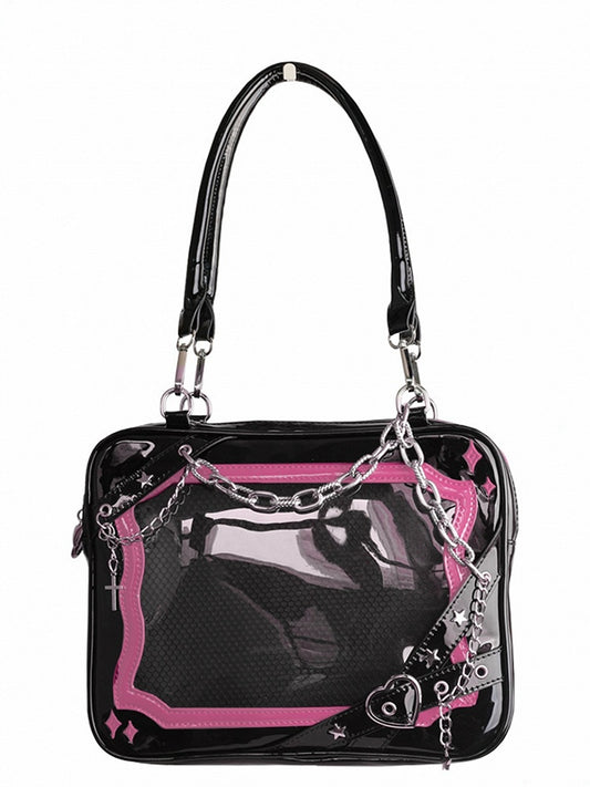 Black & Dark Pink Crisscross Strap Ita Shoulder Bag with Cross Charm Chain