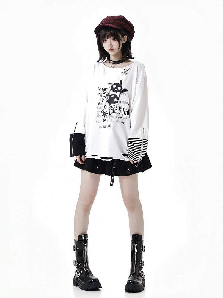 Rock Print White Long Sleeve Top with Distressed Holes and Zipper Cuffs