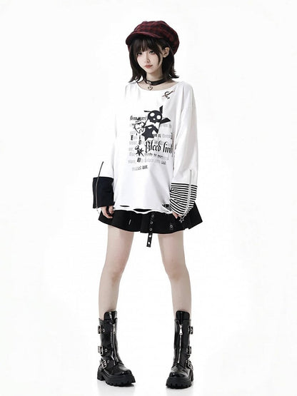 Rock Print White Long Sleeve Top with Distressed Holes and Zipper Cuffs