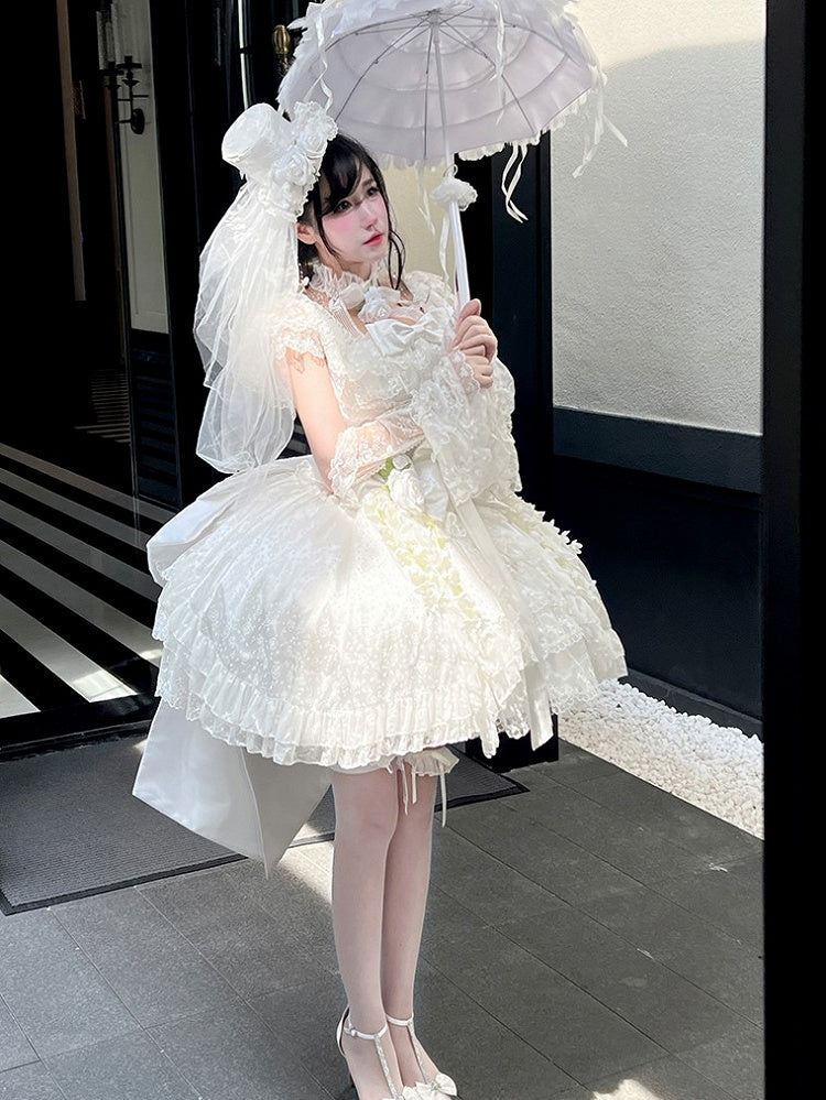 White Tiered Lace Square Neckline Shiro Dress with Bow Accents