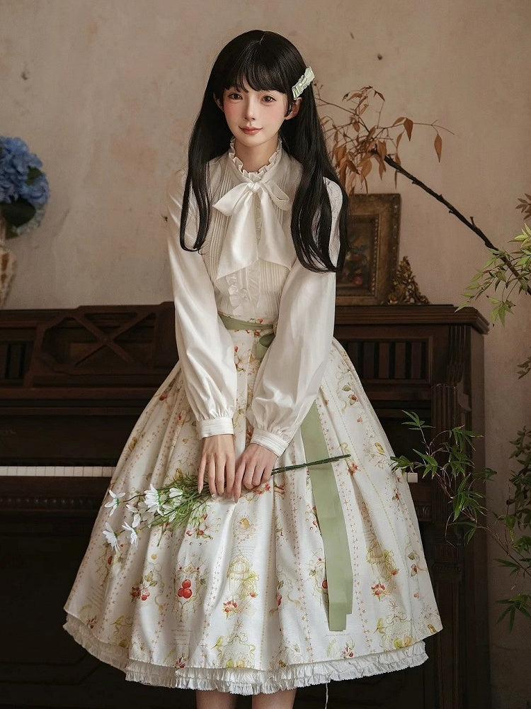White Long Sleeves Lolita Blouse with Lace-Up Back and Ruffled Details